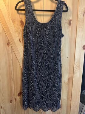 Pisarro Nights Beaded Scallop Sheath Dress Navy Blue - Size 16